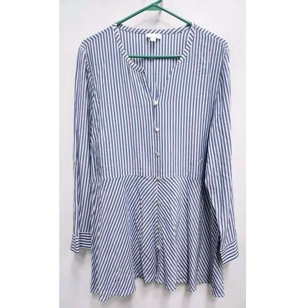 J.Jill Striped Button Down Tunic Womens XL Blue White Long Sleeve Coastal Top